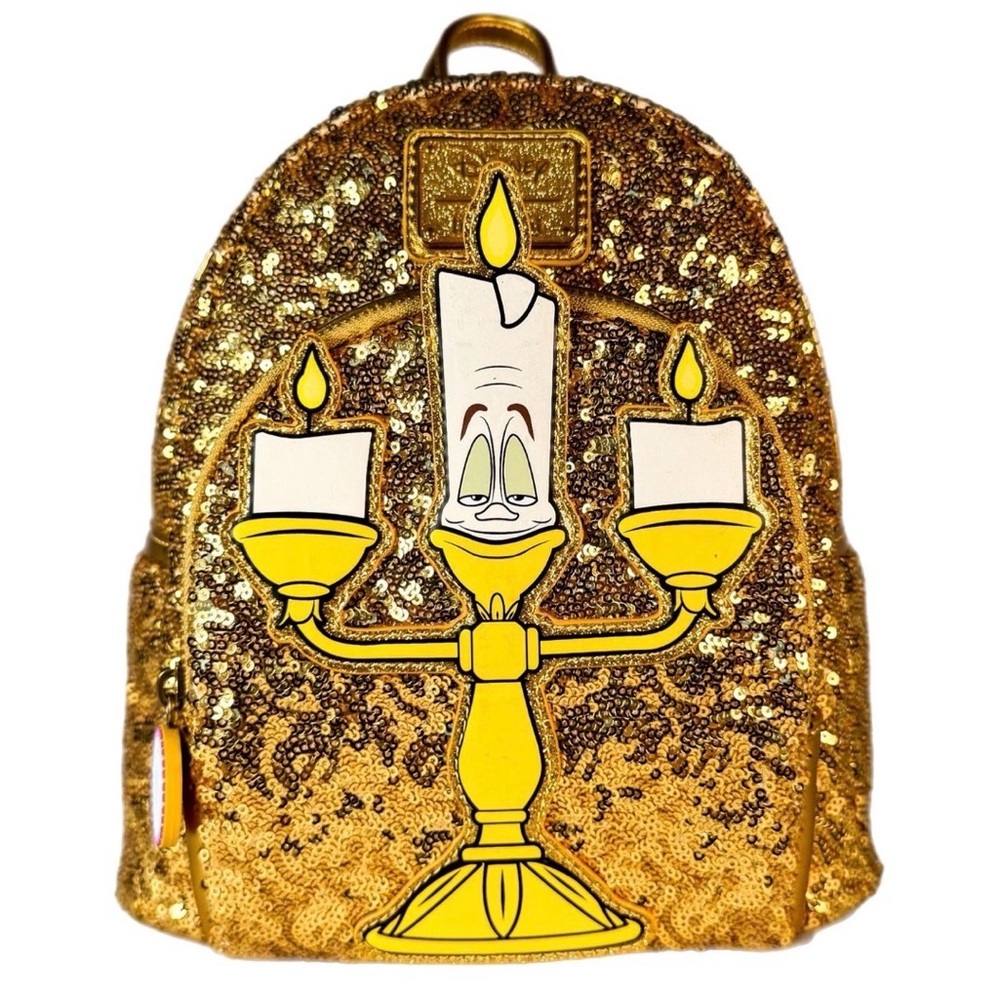 Disney Loungefly Beauty Beast Lumiere Sequin Gold Backpack NWT Stunning